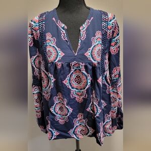 Crown & Ivy Navy and Pink Floral Blouse